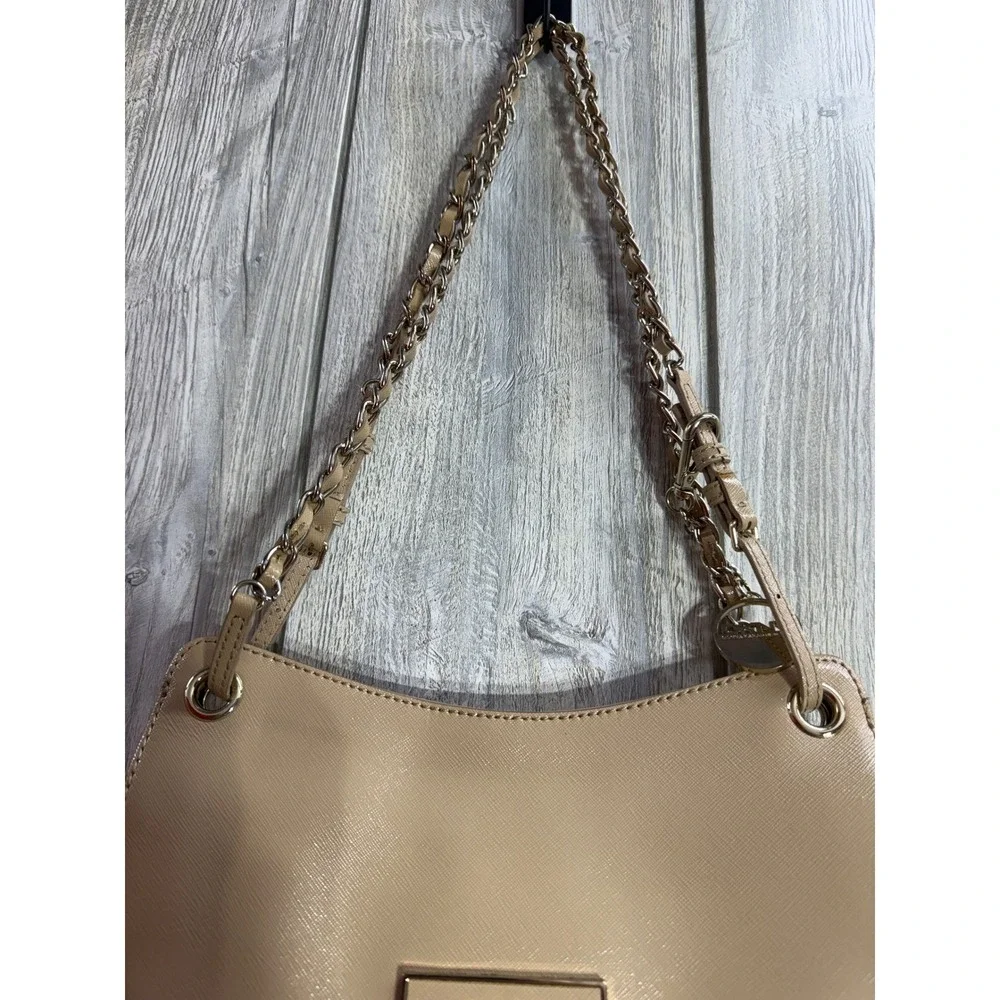 DKNY Beige Saffiano Leather Shoulder Bag Gold Chain Flap Crossbody Tan Handbag